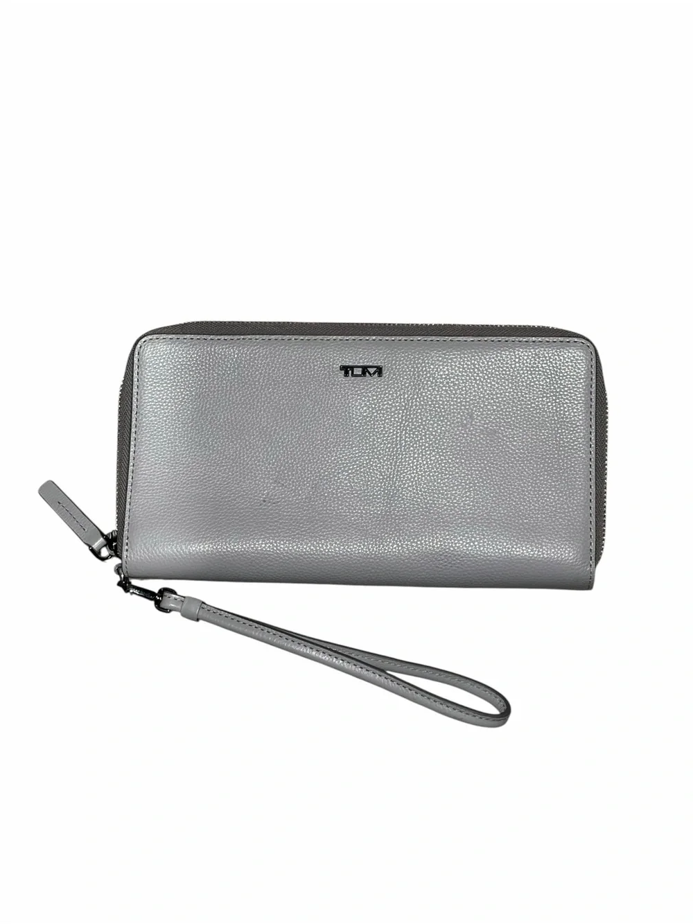 TUMI Silver Leather Travel Zip Around Wallet Wristlet Passport Organizer